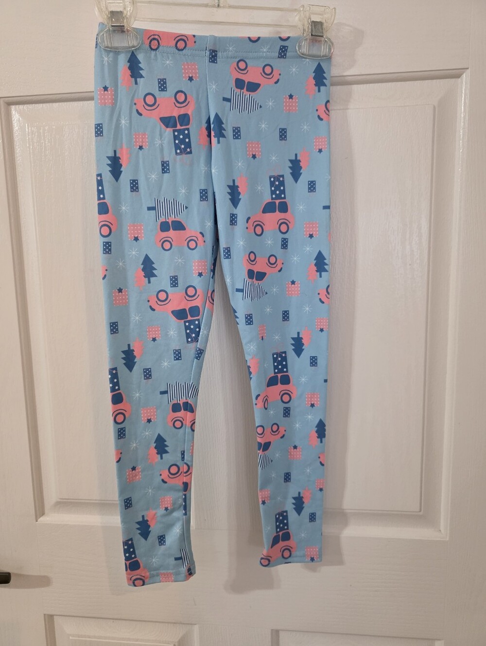 Dot Dot Smile Light Blue Leggings with Pink Car Print